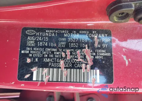 2016 Hyundai Accent Se from USA, damaged, VIN KMHCT4AE0GU002531
